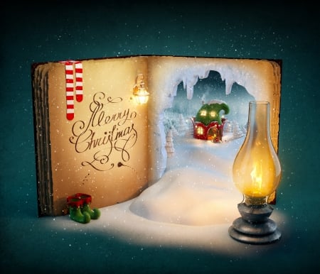 Merry Christmas! - craciun, xmas, fantasy, book, christmas, holidays, merry christmas, lantern, yellow, green, card, lamp