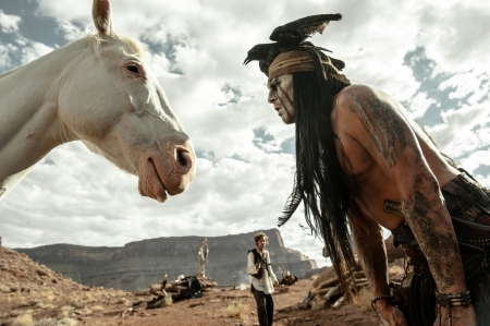 The Lone Ranger (2013) - The Lone Ranger, actor, indian, man, horse, Johnny Depp 	Johnny Depp, male, fantasy, white, movie, disney