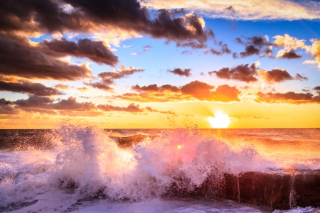 Sunset - waves, spary, sunset, beach