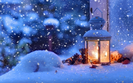 Amazing Winter - lantern, lights, snowflakes, snow