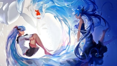 Summer Fantasy - girl, water, imagination, fish, dream, fantasy