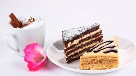 Sweet Afternoon - drink, coffee, delicious, cake, sweet, food, chocolate, dessert, drinks, flower