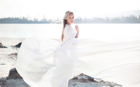 Beautiful blonde girl in a white dress - white, model, blonde, girl, dress