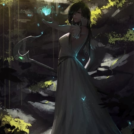 Priestess of the Forest - pretty, female, dress, forest, fantasy woman, abstract, priestess, trees, beautiful, fireflies, beauty, lovely, sweet, glow, fantasy, nature, lady, woman, cute