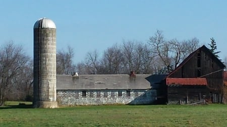 barn and silo - old barn and silo, old silo and barn, weathered barn and silo, old farmhouse and silo