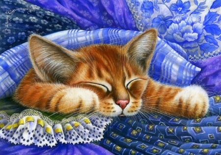 Under the Blue Fabric - paintings, cats, love four seasons, draw and paint, animals