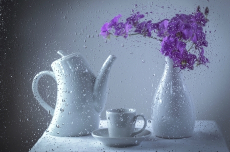 Still Life - tea, flowers, drops, rain