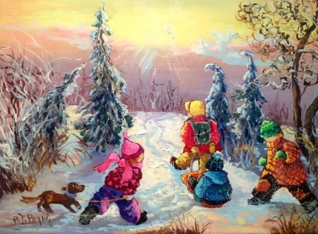 Playing in the snow - pretty, winter, joy, beautiful, snowman, sun, art, children, playing, fun, painting, kids, snow