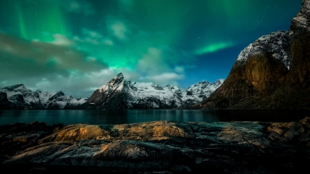 Northern lights over mountain lake - night, mountains, sky, lake