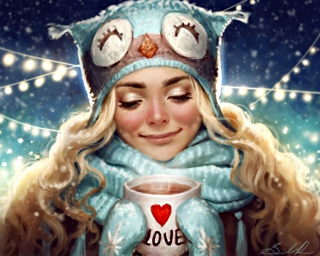 Cup of hot chocolate - heart, blue, snow, cup of hot chocolate, red, art, hat, winter, girl, christmas, owl, fantasy, craciun, lights, woman, selenada, cute