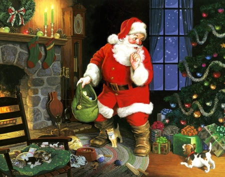 Silence, Little Puppy ! - chimney, gifts, artwork, christmas, santa, christmas tree, dogs, painting, glitter, kitties