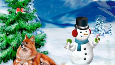 Winter Fox and Snowman - birds, snowman, winter, fox, snow, finches, Christmas, tree