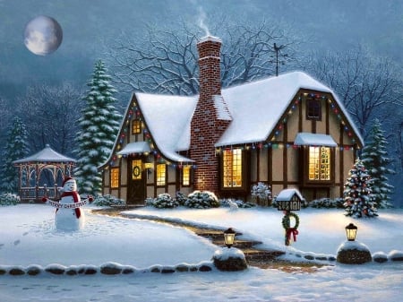 Another Christmas - warm, pretty, moon, house, snowman, winter, snow, christmas, Lights, gazebo, Homes, Cozy