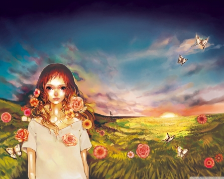 Girl on the medow - medow, flowers, girl, sky