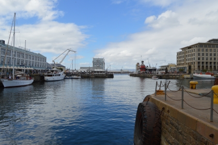 View from a bridge - clouds, boats, warf, blue, sea, paradise, sky, bridge