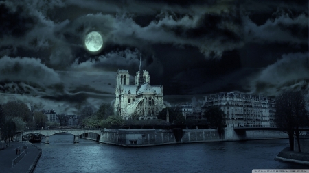 Notre Dame Paris - moon, paris, france, wallpaper