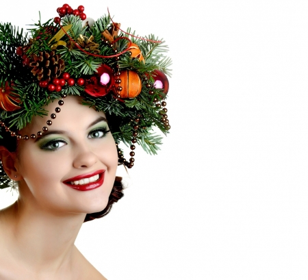 Girl in a christmas fancy headdress - Christmas fancy, Pine cone, Christmas balls, Branches, Holidays, Smile, Makeup, Girl, Face, Balls, Christmas, headdress