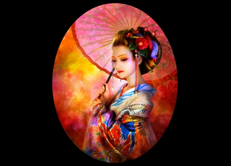 Geisha - aizen shiori, beauty, woman, girl, colorful, black, fantasy, shu, geisha, art, pink, red, blue, umbrella, orange