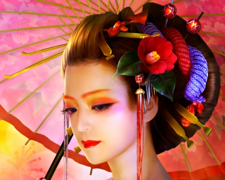 Geisha - geisha, blue, girl, beauty, flower, pink, shu, fantasy, umbrella, red, woman, art, aizen shiori