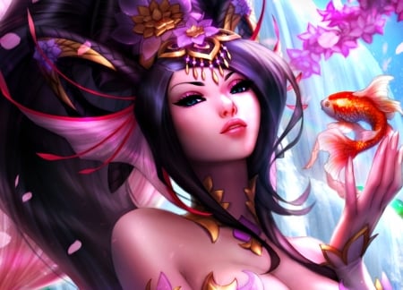 The koi empress - flower, pink, michellehoefener, game, girl, the koi empress, fantasy, fish, orange, woman