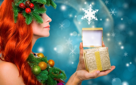 Happy Holidays! - blue, girl, holidays, orange, christmas, white, redhead, snowflake, craciun, red, green, woman, gift