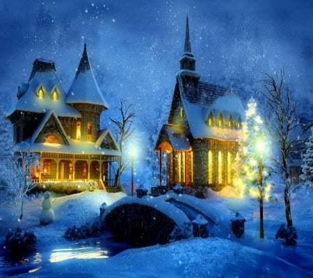 Christmas Time - trees, snowman, winter, snowflakes, pond, snowy, snow, lamp, holidays, night, light, christmas, houses, bridge