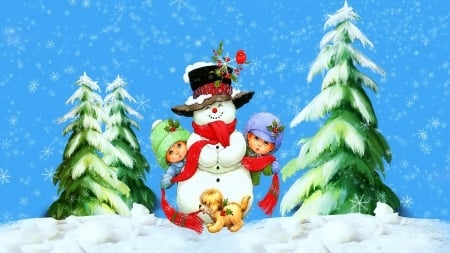 Winter fun - pretty, fun, snowman, winter, snowflakes, beautiful, snow, children, sweet, joy, tree, christmas, cute, adorable, puppy, snowfall