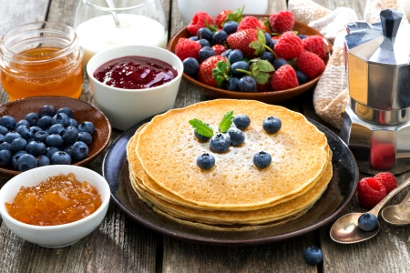 Time for Breakfast - pancake, strawberry, fruits, delicious, blueberry, fruit, raspberry, jam, breakfast, sweet, pancakes, food