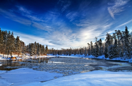 Winter River - winter, forest, clouds, river