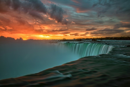 Waterfall at sunset - waterfall, amazing, sunset, clouds