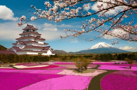 Mt Fuji with pagoda - temple, spring, mountains, sky