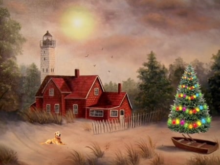 Christmas at The Beach - house, beach, boat, Winter, dog, sand, christmas tree, Lighthouse, red, painting, Red house