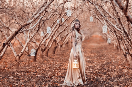 Beauty - nahid, winter, dress, girl, orange, lantern, tree, alessandro di cicco, autumn, woman, model