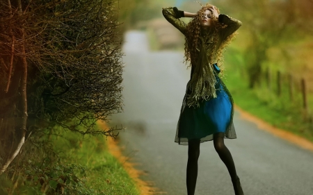 Peacock colors - peacock, woman, agnieszka lorek, girl, blue dress, green, model