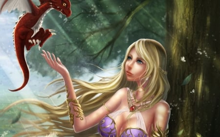 Come to me! - red, forest, pink, blonde, girl, art, wings, creature, fantasy, dragon, woman