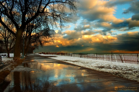 Winter Park - clouds, path, trees, nature, bench, park