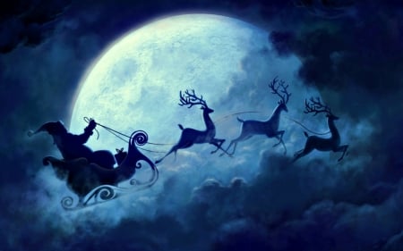 Ho Ho Ho - moon, blue, christmas, santa, fantasy, craciun, cloud, reindeer, luminos, sky, luna