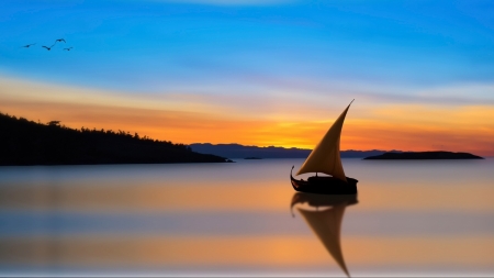 Sailboat at Sunset - sunset, clouds, river, boat