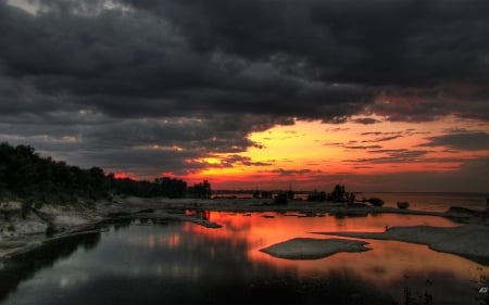 Lake Sunset - clouds, trees, winter, sunset, nature, snow, lake