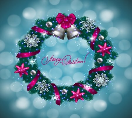 Merry Christmas - wreath, snowflakes, ornaments, bells, holidays, stars, ribbons, Merry Christmas