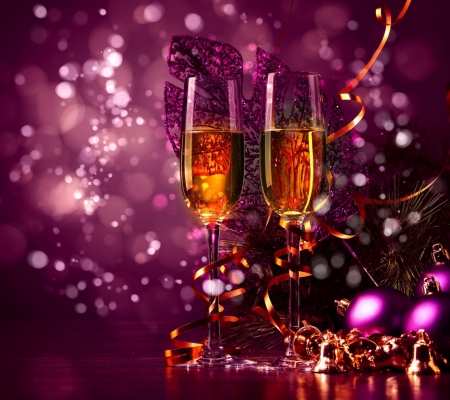 Champagne - happy new year, beautiful, drink, champagne, glasses, holiday, purple, two, ribbon