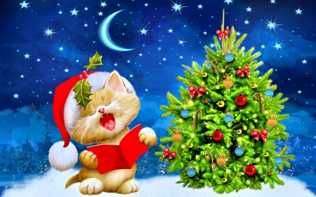 CUTE CHRISTMAS - moon, season, stars, snow, cutie, holiday, tree, kitten