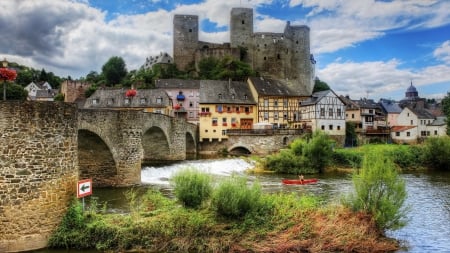 Mighty Castle - houses, landscape, clouds, river, bridge