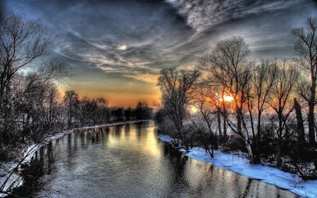 Sunset at the River - sky, winter, water, reflection, clouds, snow