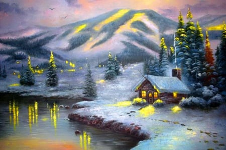 Winter village - lights, winter, evening, beautiful, village, serenity, peaceful, art, lake, houses, reflection, mountain, painting, snow