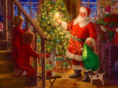 Children watching Santa - pretty, fun, gifts, evening, children, cozy, night, eve, home, joy, holiday, decotaion, winter, beautiful, Santa, tree, watch, new year