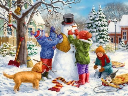 Building a snowman on a snowday - snowman, houses, puppy, snowday, winter, make, kids, christmas, art, build, children, pretty, sleigh, snow, beautiful, holiday