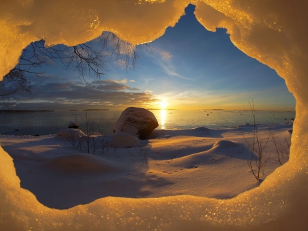 Winter Morning - morning, nature, snow, sunrise, rocks