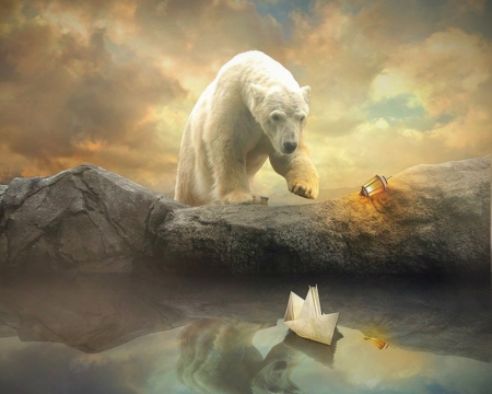 Reflection - paper boat, reflection, bear, manipulation