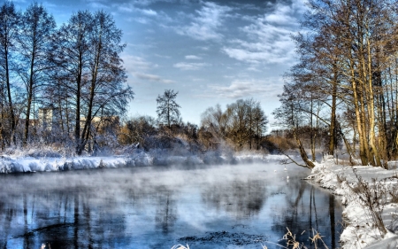 Winter Scenery - Trees, Nature, Scenery, River, Winter, Sky